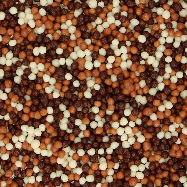 Vista delantera del perlas crujientes mini de tres chocolates de 175 gr - FunCakes en stock
