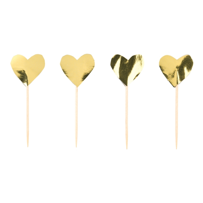 Vista frontal del picks Sweet Love de corazones dorados de 6,5 cm - 24 unidades