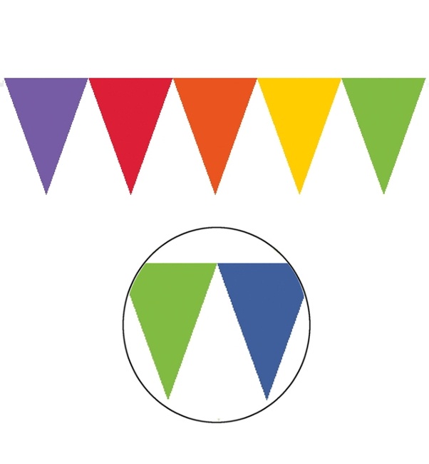 Vista principal del banderín de triángulos de 4,50 m en color amarillo, azul, blanco, dorado, fucsia, lila, multicolor, negro, plateado, rojo, rosa y verde