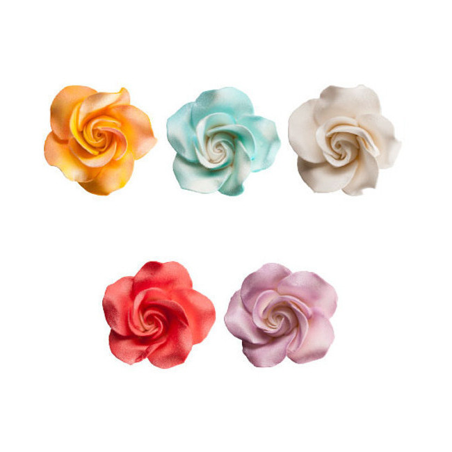 Vista delantera del figuras de azúcar de rosas de colores perladas de 7 cm - Dekora - 15 unidades en stock