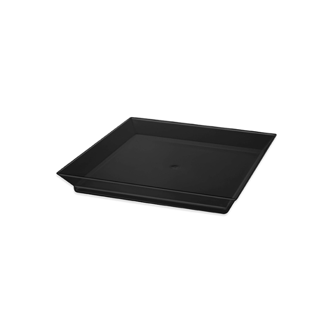 Vista frontal del platos cuadrados de 13 x 13 cm - Maxi Products - 25 unidades en color negro y transparente