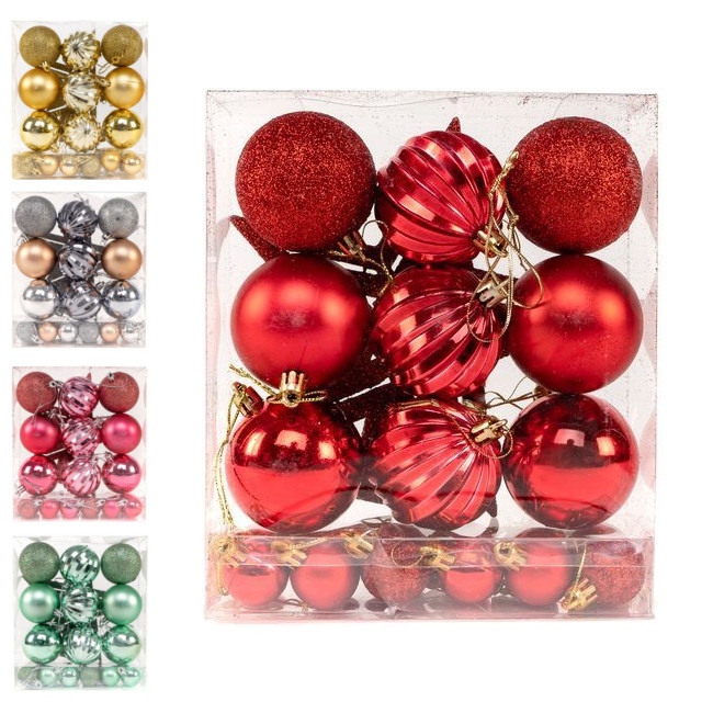 Vista frontal del bolas de Navidad surtidas en color dorado, plateado, rojo, rosa y turquesa