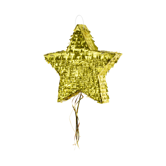 Vista frontal del pinata 3D de estrella dorada - 44.5 x 42.5 x 9 cm en stock