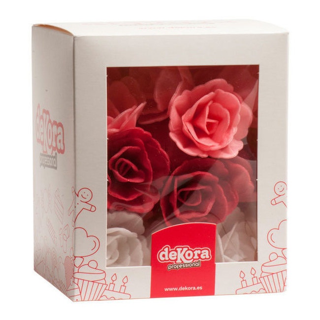 Foto detallada de obleas de flores rosas, rojas y blancas de 4,5 cm - Dekora - 36 unidades