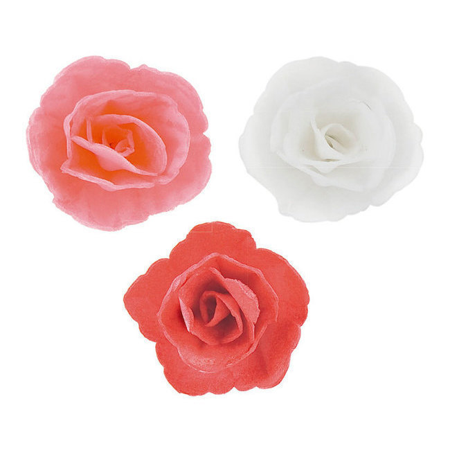 Vista principal del obleas de flores rosas, rojas y blancas de 4,5 cm - Dekora - 36 unidades en stock