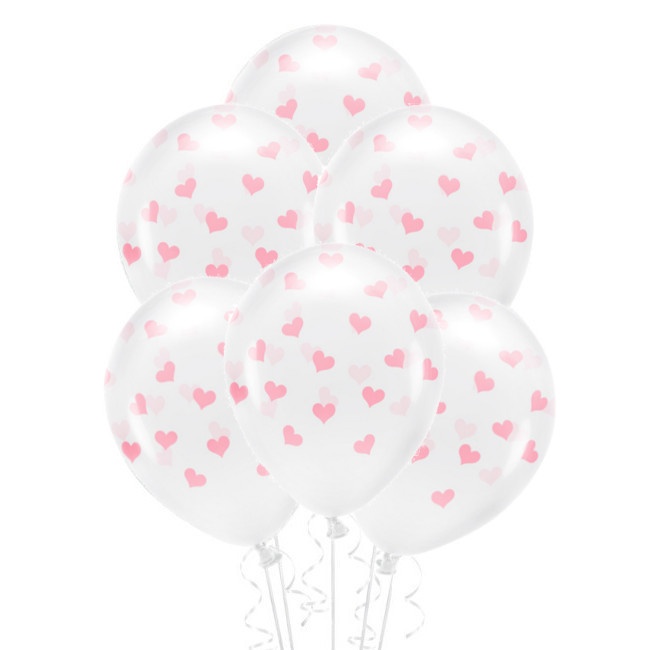 Globos de látex trasparente con corazones de 33 cm biodegradable - PartyDeco - 6 unidades