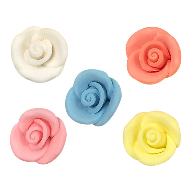Vista frontal del figuras de azúcar de rosas de colores de 2 cm - Dekora - 100 unidades en stock