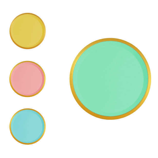 Vista frontal del platos redondos en color amarillo, azul, rosa y verde