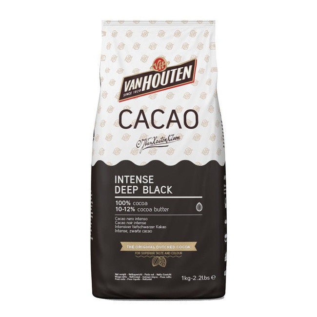 Vista frontal del cacao en polvo de Intense Deep Black de 1 kg - Van Houten
