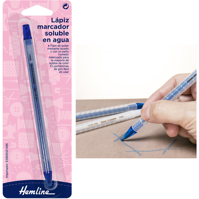 Vista principal del lápiz marcador soluble en agua - Hemline - 1 unidad en color azul y blanco