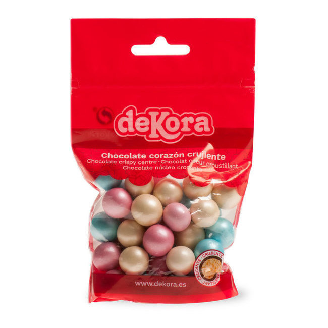 Vista principal del bolas crispi de chocolate de colores perlados - Dekora - 80 gr en stock
