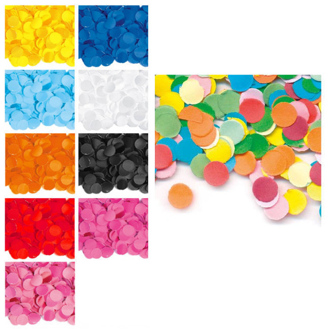 Vista principal del bolsa de confetti de colores de 100 gr en color amarillo, azul, azul claro, blanco, multicolor, naranja, negro, rojo, rosa y rosa claro