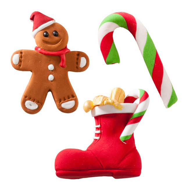 Vista frontal del figuras de azúcar de bastón, jengibre y bota navideña de 5 a 7 cm - Dekora - 17 unidades en stock