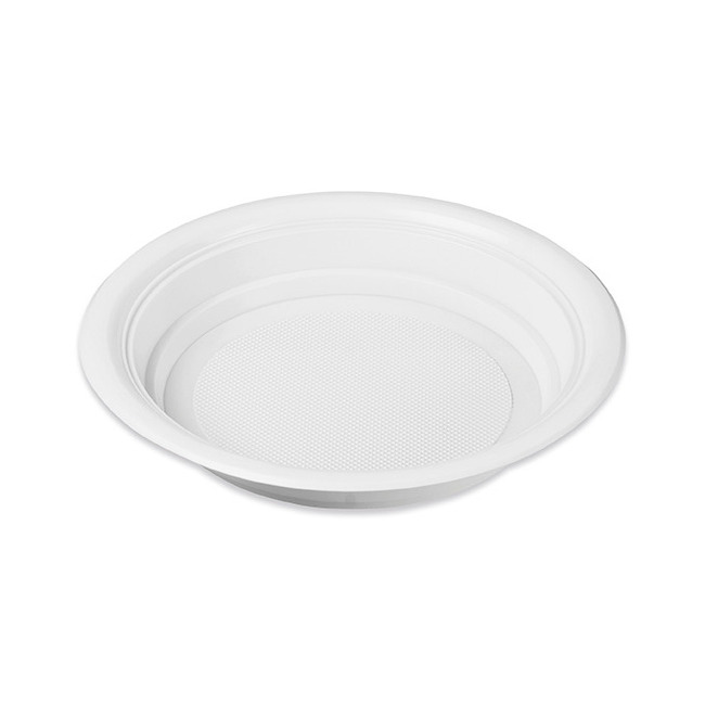 Vista frontal del platos redondos hondos blancos de 20,5 cm - Solimar - 25 unidades en stock