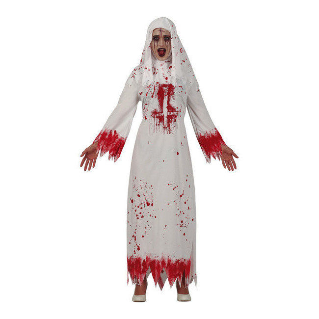 Vista delantera del disfraz de monja sangrienta blanca en stock