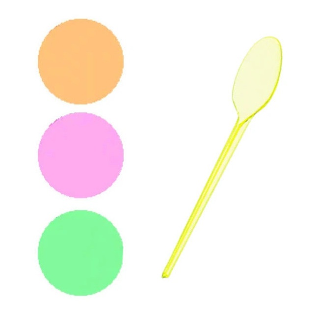 Vista frontal del cucharas de colores flúor de 12,5 cm - 15 unidades en color amarillo, naranja, rosa y verde