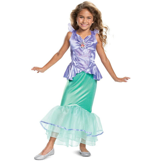 Vista frontal del disfraz de Ariel lila en tallas 3 a 8 años