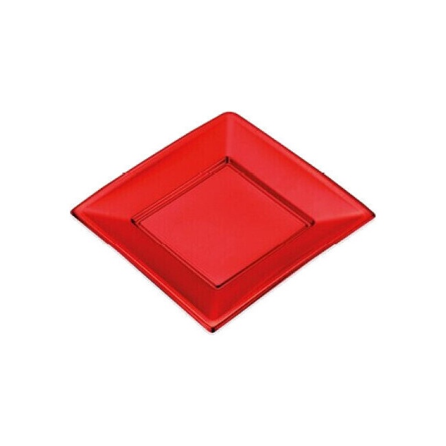 Vista delantera del platos cuadrados metalizados de 17 cm - Maxi Products - 4 unidades en color dorado, plateado, rojo y rosa dorado