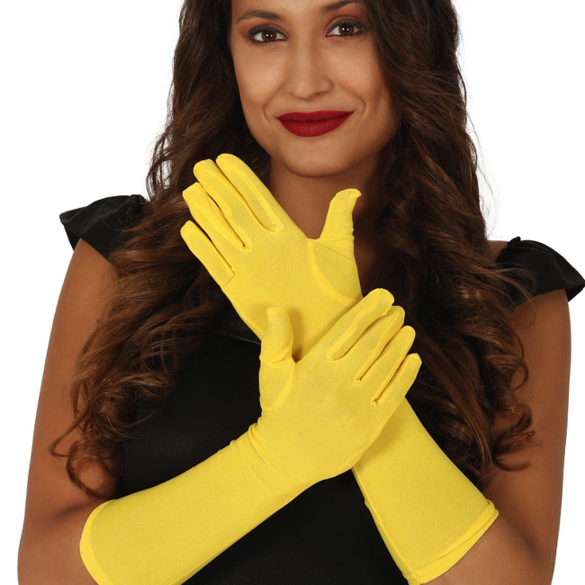 Vista principal del guantes de colores largos de 42 cm en color amarillo, azul marino, blanco, negro, rojo, rosa, verde y verde lima