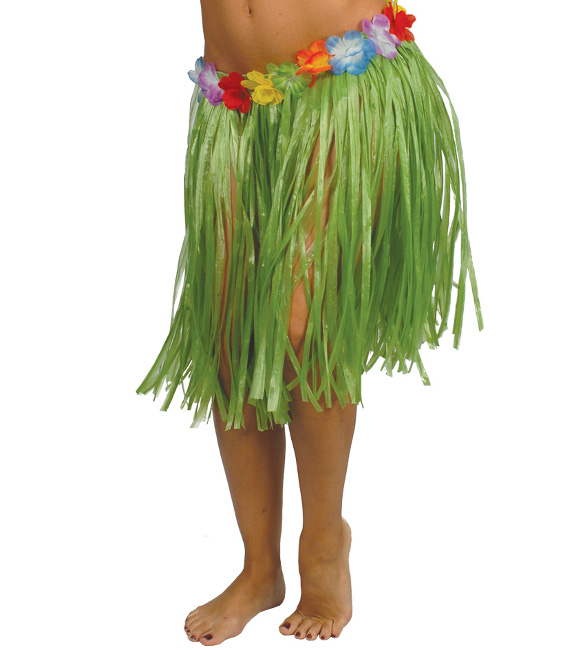 Vista delantera del falda hawaiana corta - 55 cm en color amarillo, azul, multicolor, paja, rojo y verde