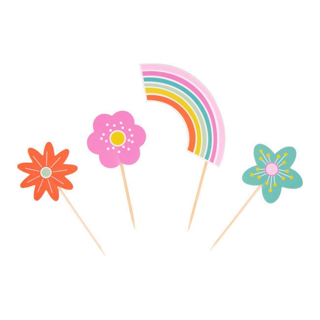 Foto detallada de cápsulas para cupcakes con picks de arcoiris y flores - 24 unidades