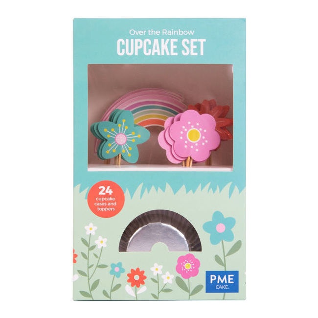 Foto detallada de cápsulas para cupcakes con picks de arcoiris y flores - 24 unidades