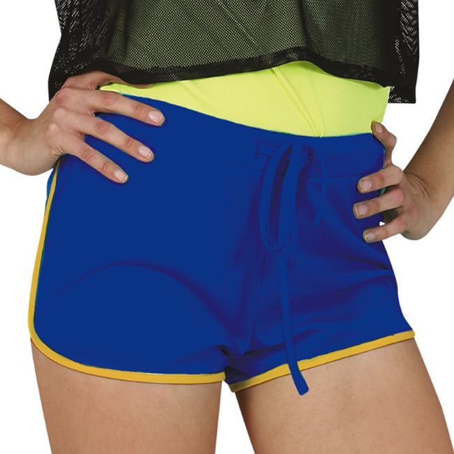 Vista principal del pantalón corto de los años 80 en color amarillo, azul, fucsia y verde