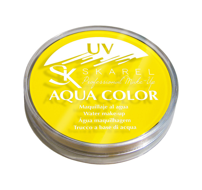 Vista delantera del maquillaje al agua profesional UV de 12 ml en color amarillo y rosa