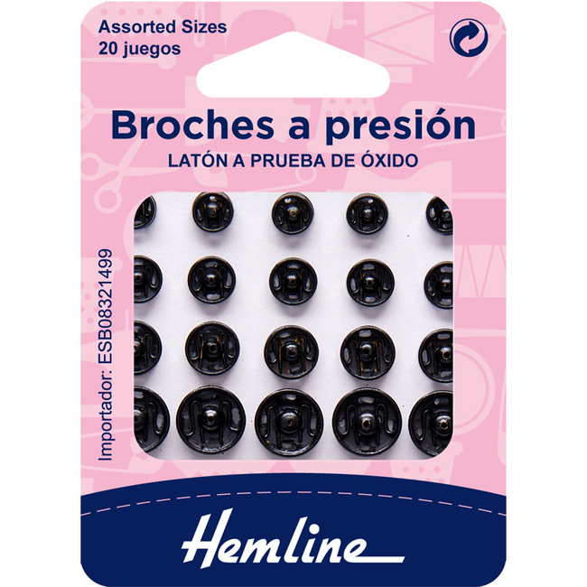 Vista delantera del botones a presión de 0,6 a 1,1 cm - Hemline - 20 pares en color negro y plateado