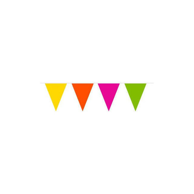 Vista principal del banderín de plástico de triángulos - 10 m en color amarillo, azul, azul claro, blanco, dorado, fucsia, multicolor, naranja, negro, plateado, púrpura, rojo, rosa claro, rosa dorado y verde