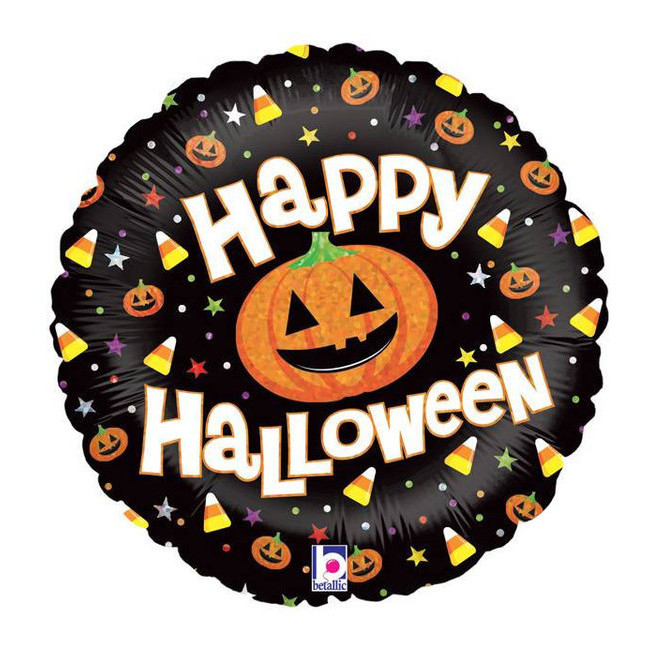 Vista principal del globo redondo de calabaza Happy Halloween de 46 cm - Grabo en stock