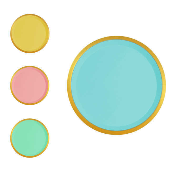 Vista delantera del platos redondos en color amarillo, azul, rosa y verde