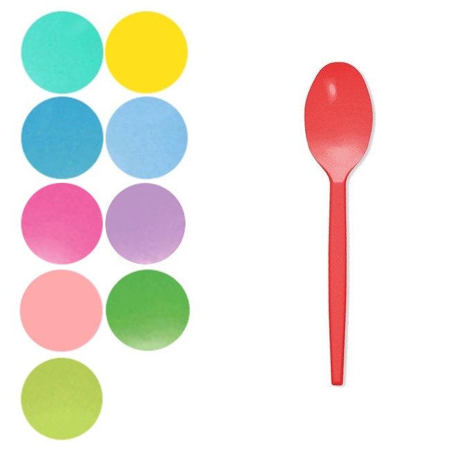 Vista frontal del cucharas de 12,5 cm - Maxi Products - 15 unidades en color aguamarina, amarillo, azul, azul pastel, fucsia, lavanda, rojo, rosa, verde y verde lima