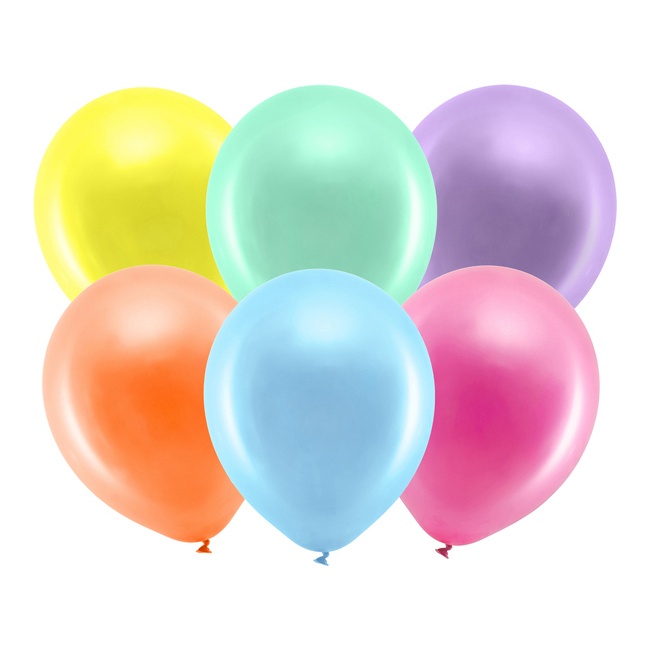 Vista frontal del globos de látex metalizados de 30 cm Rainbow - PartyDeco - 100 unidades en color amarillo, azul, azul naval, blanco, crema, dorado, fucsia, multicolor, naranja, negro, plateado, rojo, rosa, rosa dorado, verde claro, verde menta y violeta
