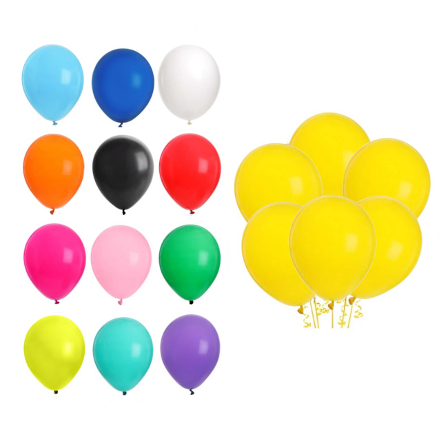 Vista frontal del globos de látex de colores de 23 cm - Amber - 50 unidades en color amarillo, azul pastel, azul royal, blanco, naranja, negro, rojo, rosa, rosa pastel, verde, verde lima, verde menta y violeta