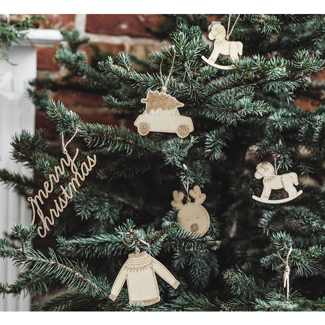 Foto detallada de colgante de madera de Navidad con purpurina - 10 unidades