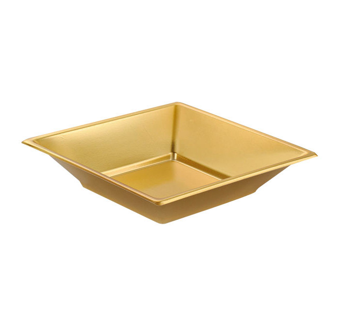 Vista delantera del platos cuadrados hondos metalizados de 17 cm - Maxi Products - 4 unidades en color dorado, plateado, rojo y rosa dorado
