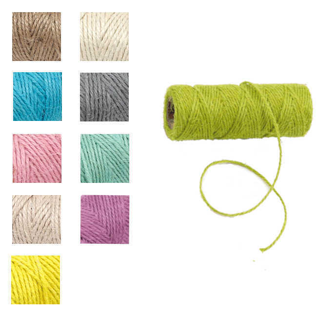Vista delantera del bobina de cordel de lino en color aguamarina, amarillo, beige, blanco, gris, lavanda, marrón, rosa, turquesa y verde