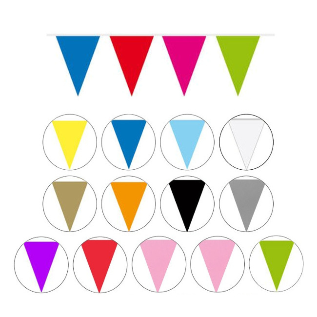 Vista delantera del banderín de triángulos surtidos de 3 m en color amarillo, azul, azul claro, blanco, dorado, multicolor, naranja, negro, plateado, púrpura, rojo, rosa, rosa claro y verde