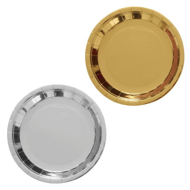 Vista delantera del platos redondos metalizados en color dorado y plateado