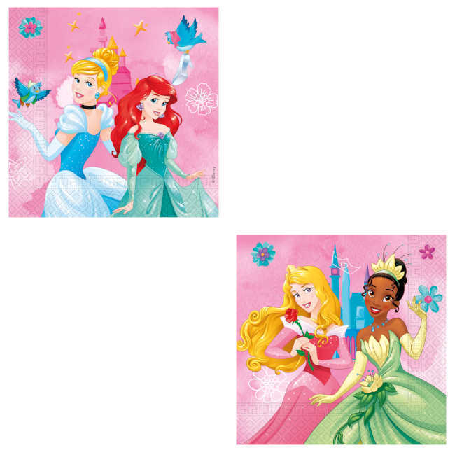 Vista frontal del servilletas de las Princesas Disney rosa 16,5 x 16,5 cm - 20 unidades FSC.