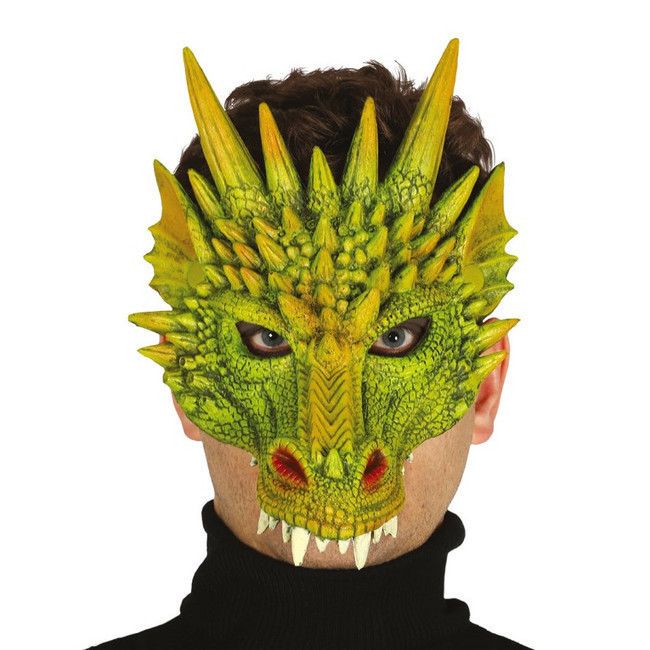Vista frontal del máscara de dragón verde de media cara en stock