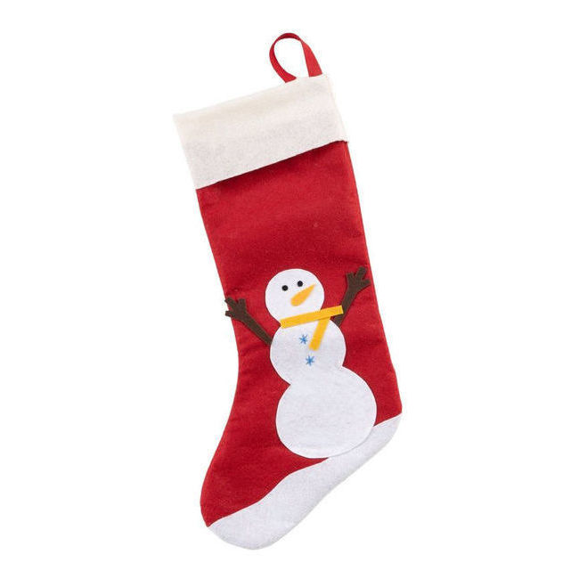 Vista principal del calcetín de muñeco de nieve navideño de 42 cm