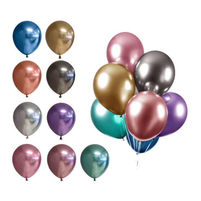 Vista delantera del globos de látex cromados de 30 cm biodegradable - Globos Nordic - 10 unidades en color azul, cobre, dorado, gris espacial, plateado, púrpura, rosa, rosa dorado, variado, verde y verde claro