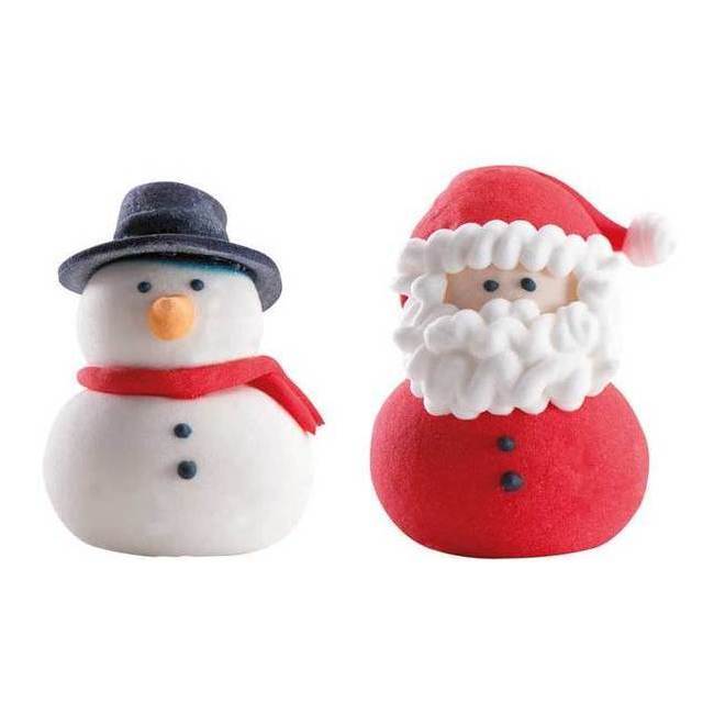 Vista delantera del figuras de azúcar de Papá Noel y muñeco de nieve 3D de 3 x 4 cm - Dekora - 24 unidades en stock