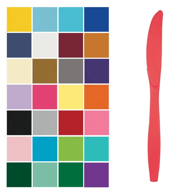 Vista frontal del cuchillos de plástico de 19 cm - 24 unidades en color amarillo, azul bebé, azul marino, blanco, dorado, lila, naranja, negro, plateado, rojo, rosa, rosa bebé, verde, verde menta y verde oscuro