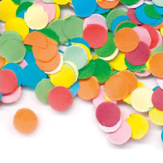 Vista principal del bolsa de confetti de colores de 100 gr en color amarillo, azul, azul claro, blanco, multicolor, naranja, negro, rojo, rosa y rosa claro
