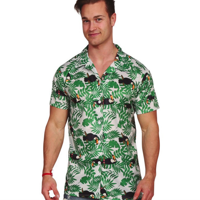 Vista frontal del camisa disfraz de hawaiano con palmeras en stock