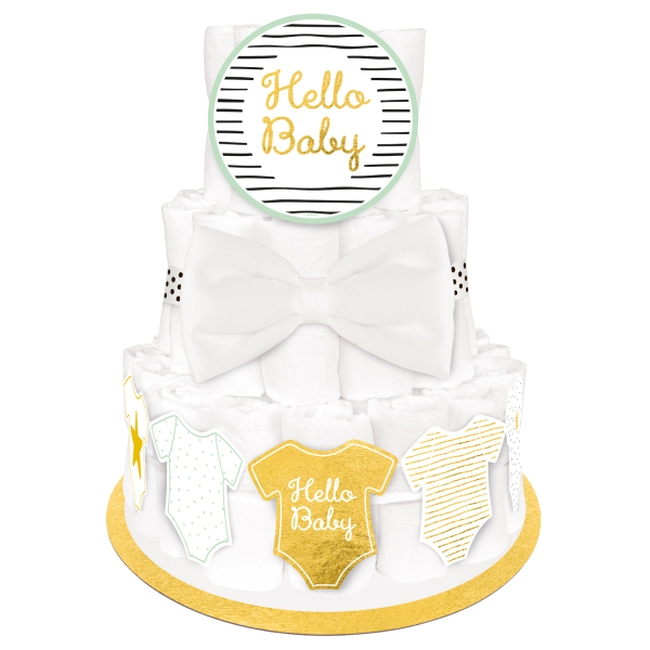 Vista frontal del kit decorativo de Hello Baby en stock