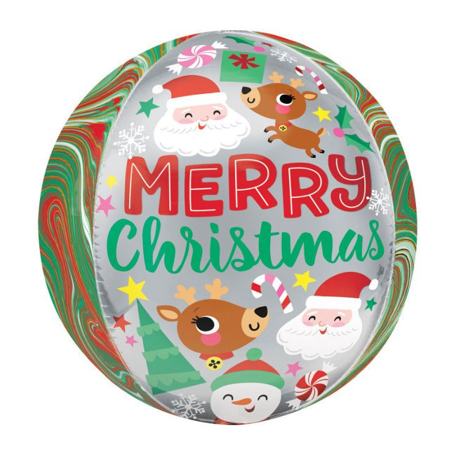 Vista frontal del globo orbz marmoleado Merry Christmas divertido de 38 x 40 cm - Anagram en stock